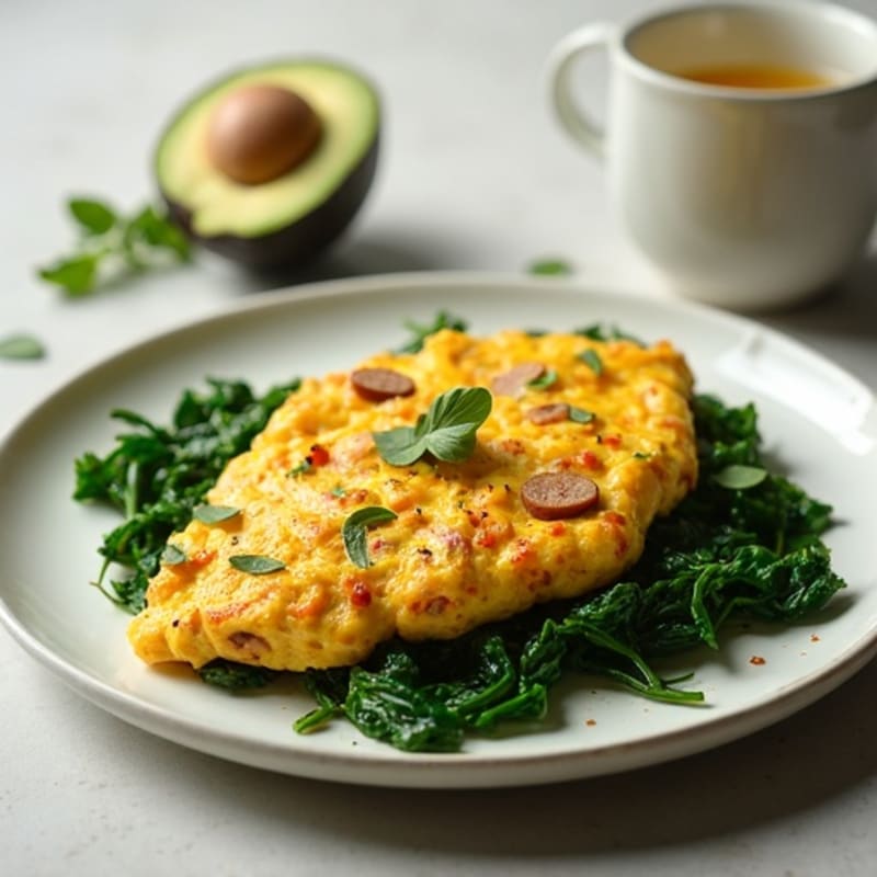 Egg White and Turkey Sausage Scramble with Sautéed Spinach