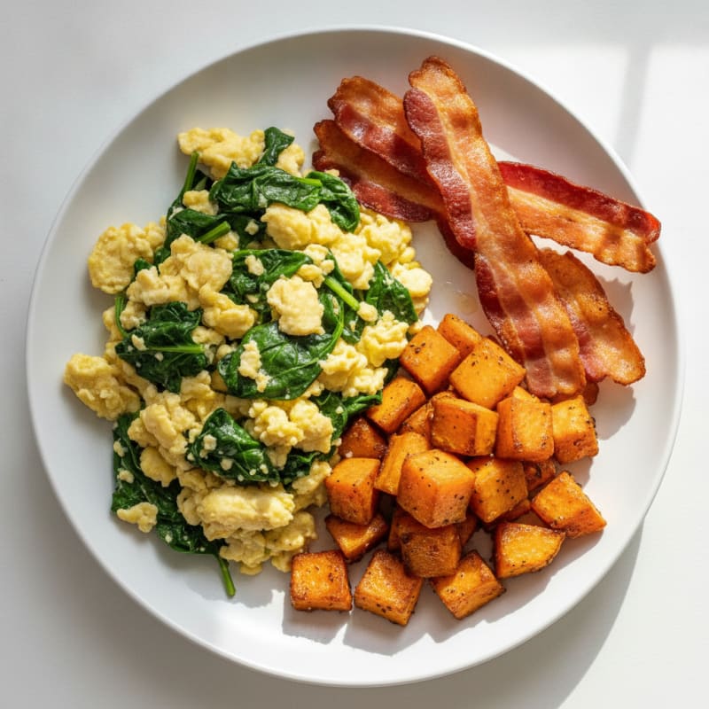 Crispy Turkey Bacon and Spinach Egg Scramble with Roasted Sweet Potatoes
