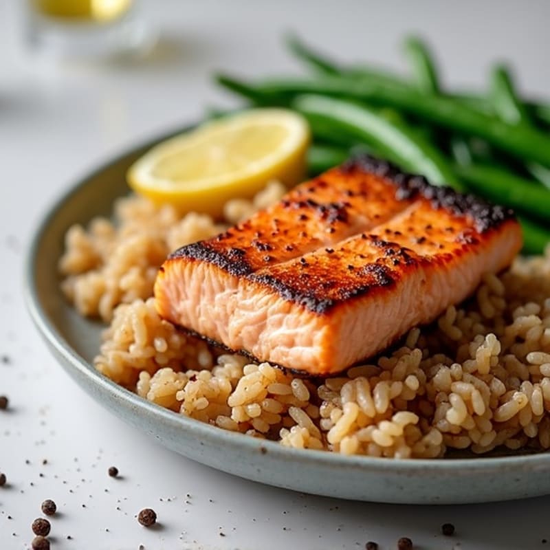Seared Salmon Fillet with Steamed Green Beans and Brown Rice