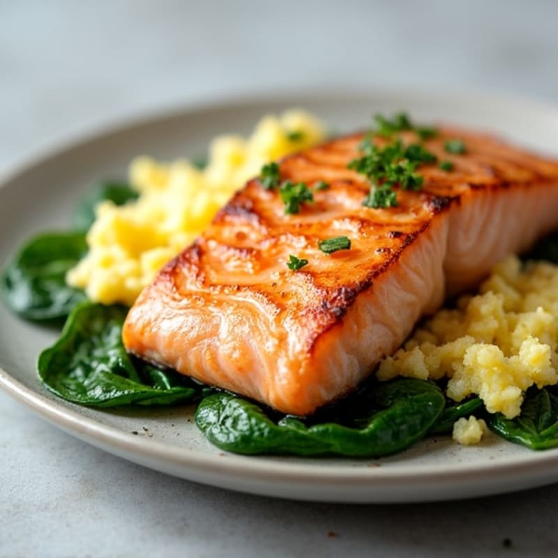Scrambled Eggs with Sautéed Spinach and Seared Salmon