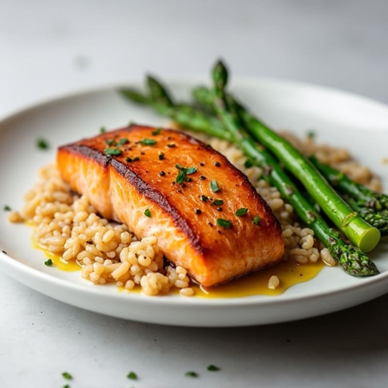 Seared Salmon Fillet with Garlic Asparagus and Brown Rice
