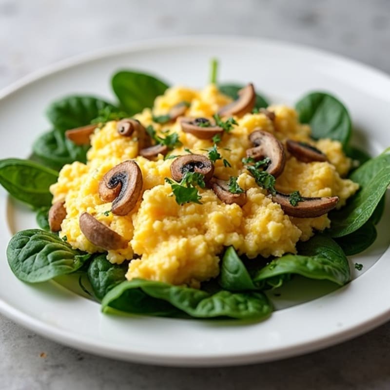 Cottage Cheese Scramble with Spinach and Sautéed Mushrooms
