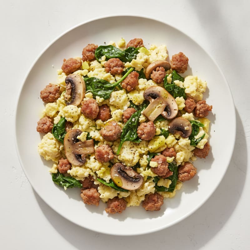 Egg White Spinach Scramble with Turkey Sausage and Sautéed Mushrooms