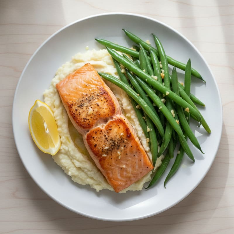 Seared Salmon Fillet with Garlic Green Beans and Cauliflower Mash