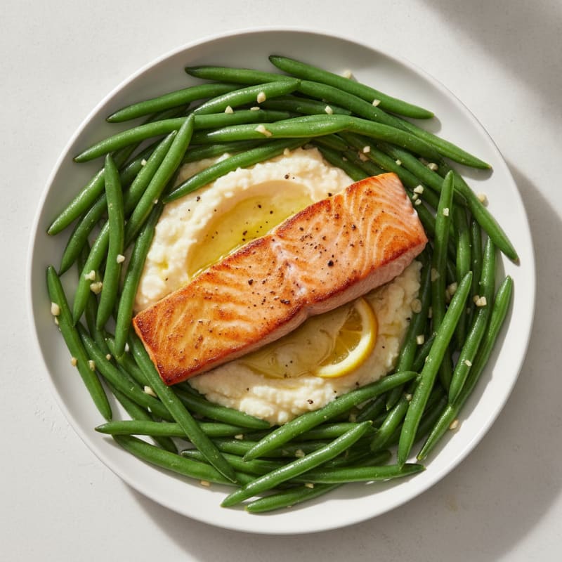 Seared Salmon with Garlic Green Beans and Cauliflower Mash