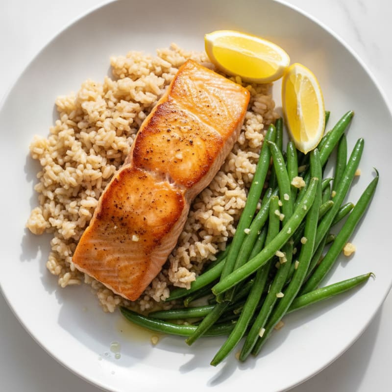 Seared Salmon Fillet with Brown Rice and Garlic Green Beans