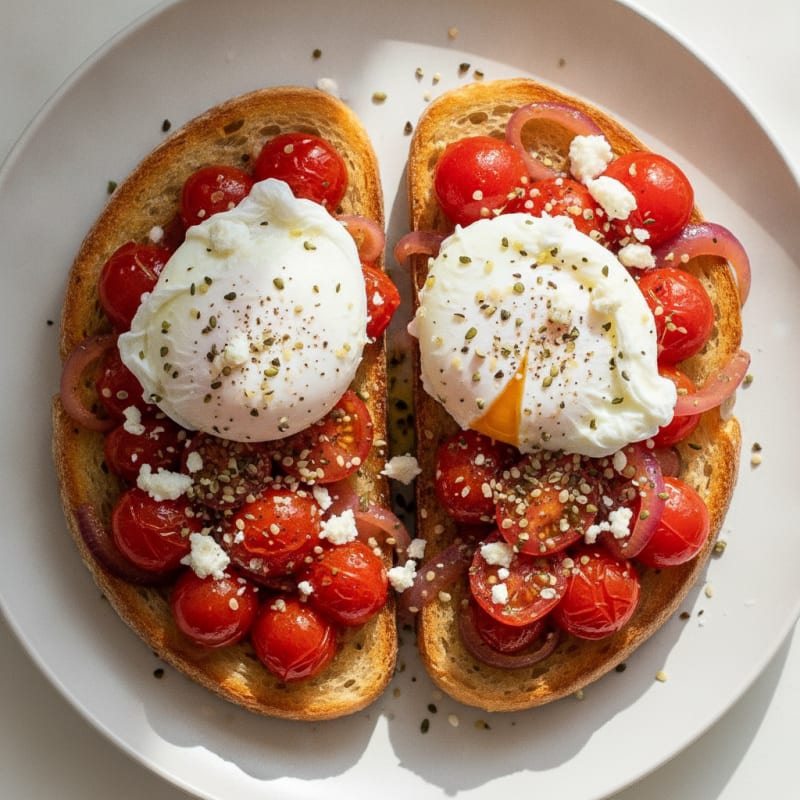 Poached Eggs on Sourdough with Sautéed Tomatoes and Onion