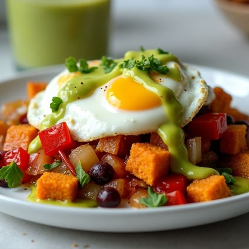 Crispy Sweet Potato Hash with Poached Eggs and Creamy Avocado Sauce