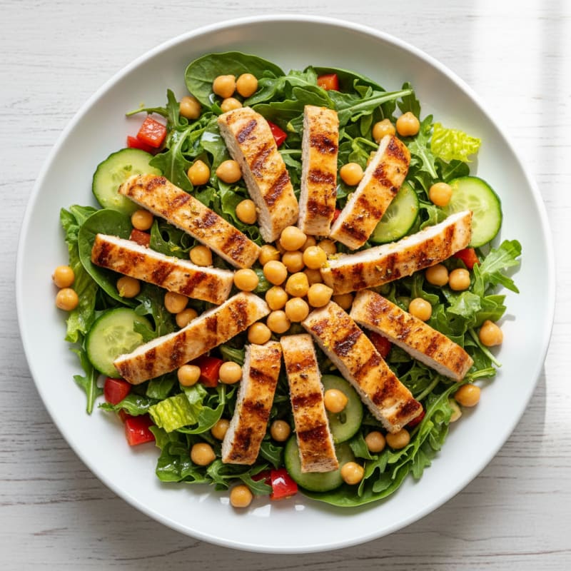 Grilled Chicken Breast Salad with Chickpeas and Crunchy Vegetables