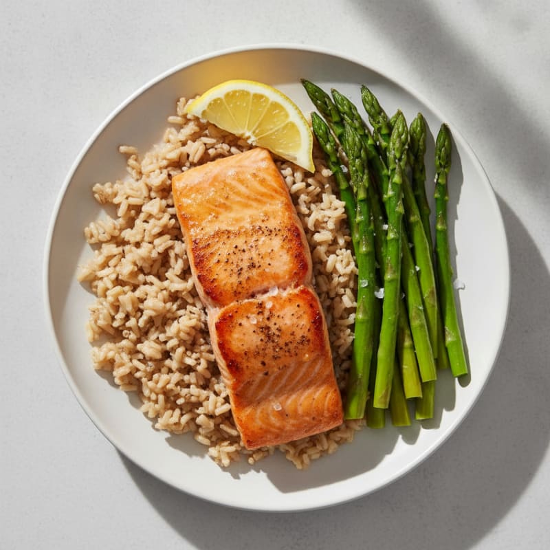 Seared Salmon Filet with Steamed Asparagus and Brown Rice