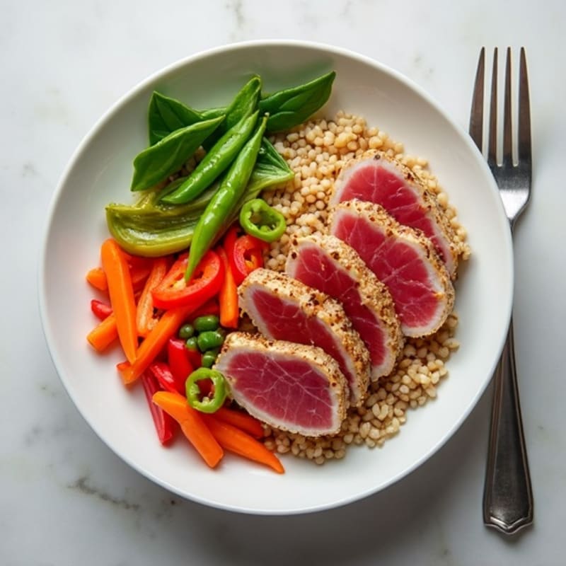 Fresh Ahi Tuna and Vibrant Vegetable Rice Bowl with Sesame-Ginger