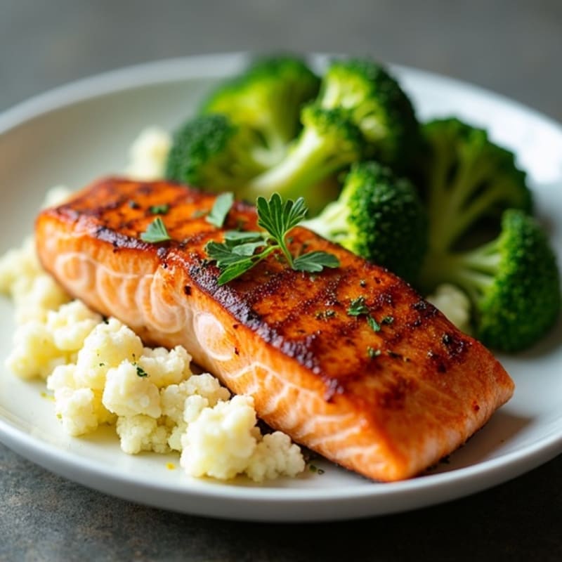 Seared Salmon with Roasted Broccoli and Garlic Mashed Cauliflower