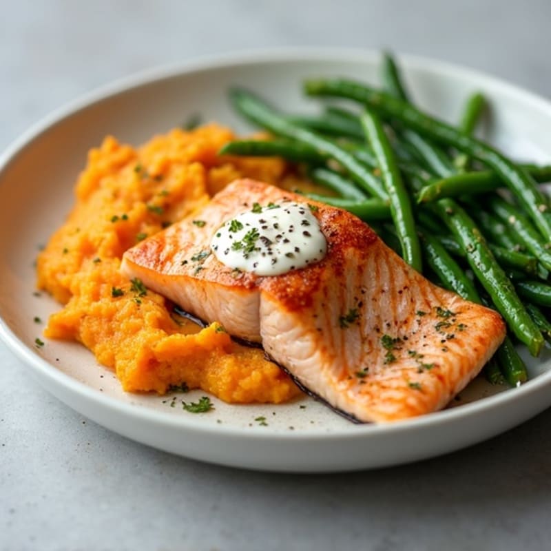 Seared Salmon with Garlic Green Beans and Sweet Potato Mash