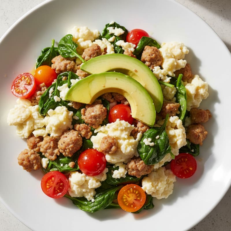 Egg White and Turkey Sausage Scramble with Spinach and Tomatoes
