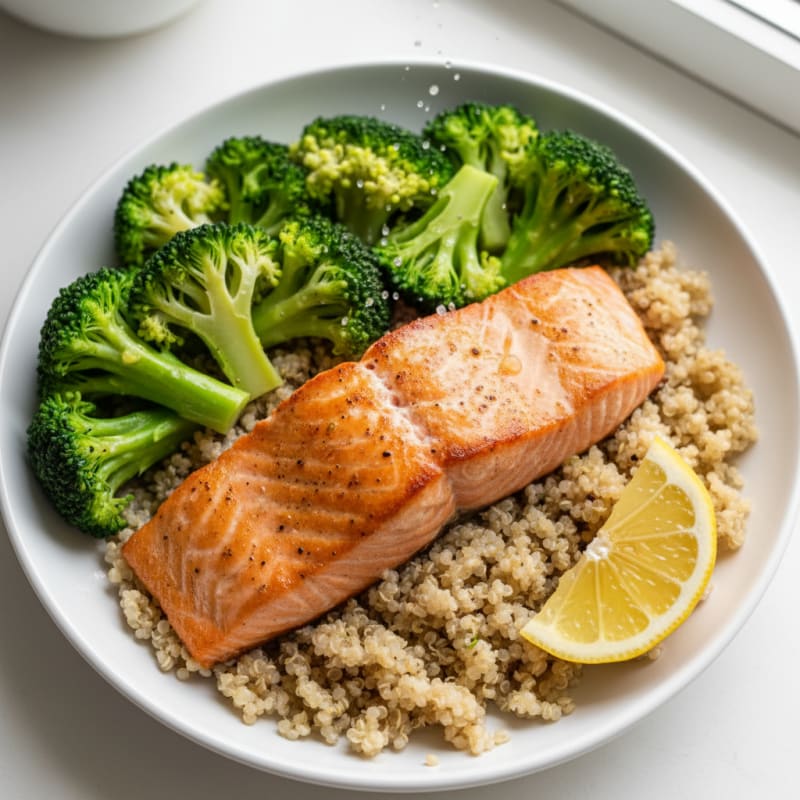 Seared Salmon with Steamed Broccoli and Quinoa