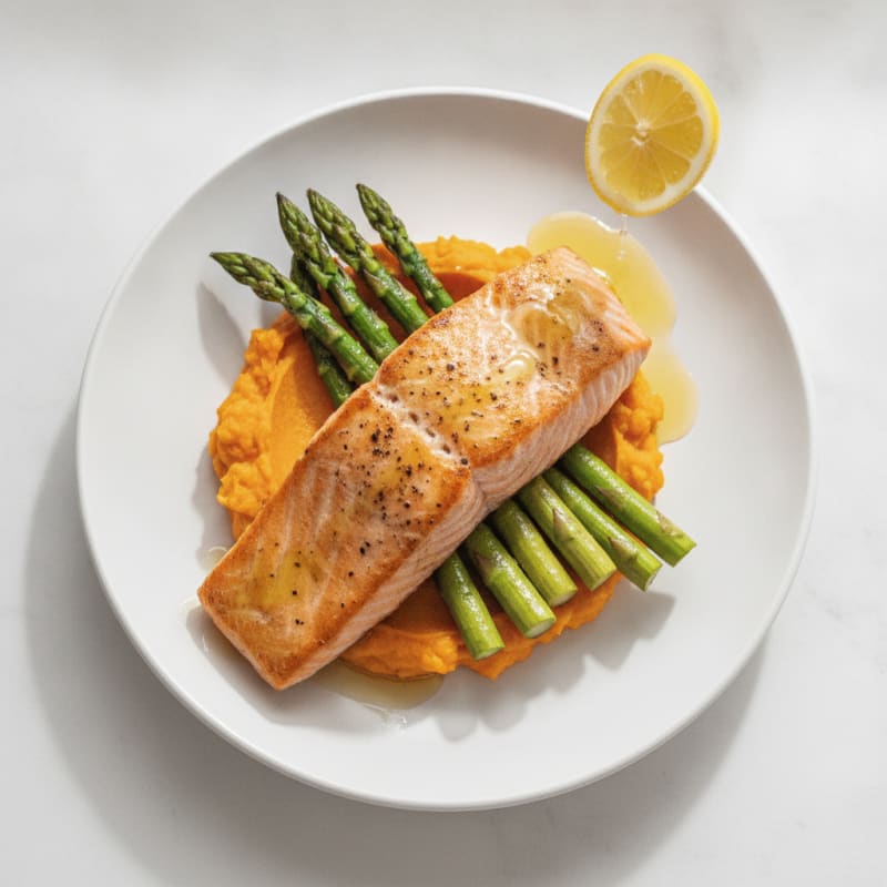 Seared Salmon with Roasted Asparagus and Sweet Potato Mash
