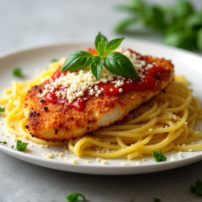 Crispy Chicken Parmesan over Garlic-Herb Spaghetti Squash