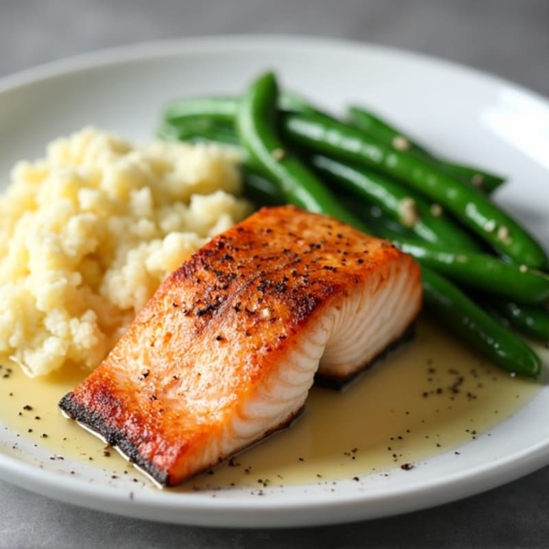 Seared Salmon with Sautéed Green Beans and Garlic Mashed Cauliflower