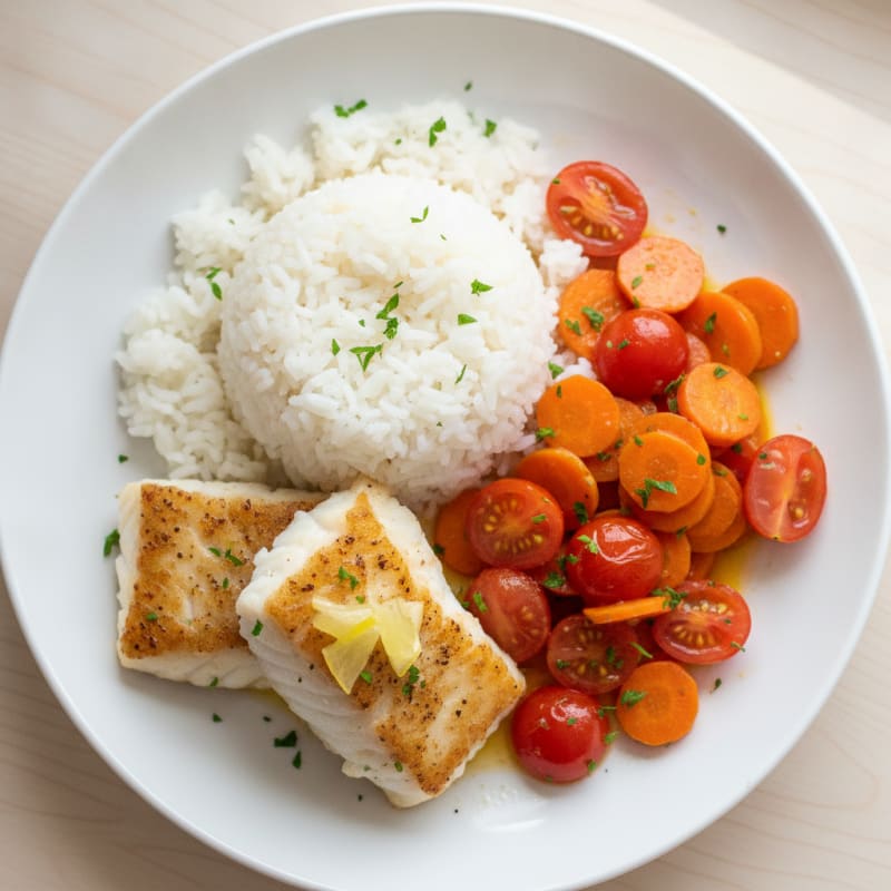 Seared Cod with Steamed Rice and Tomato-Carrot Medley