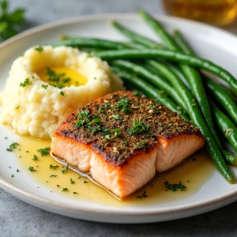 Herb-Crusted Salmon with Fluffy Buttery Garlic Mashed Potatoes and Roasted Green Beans
