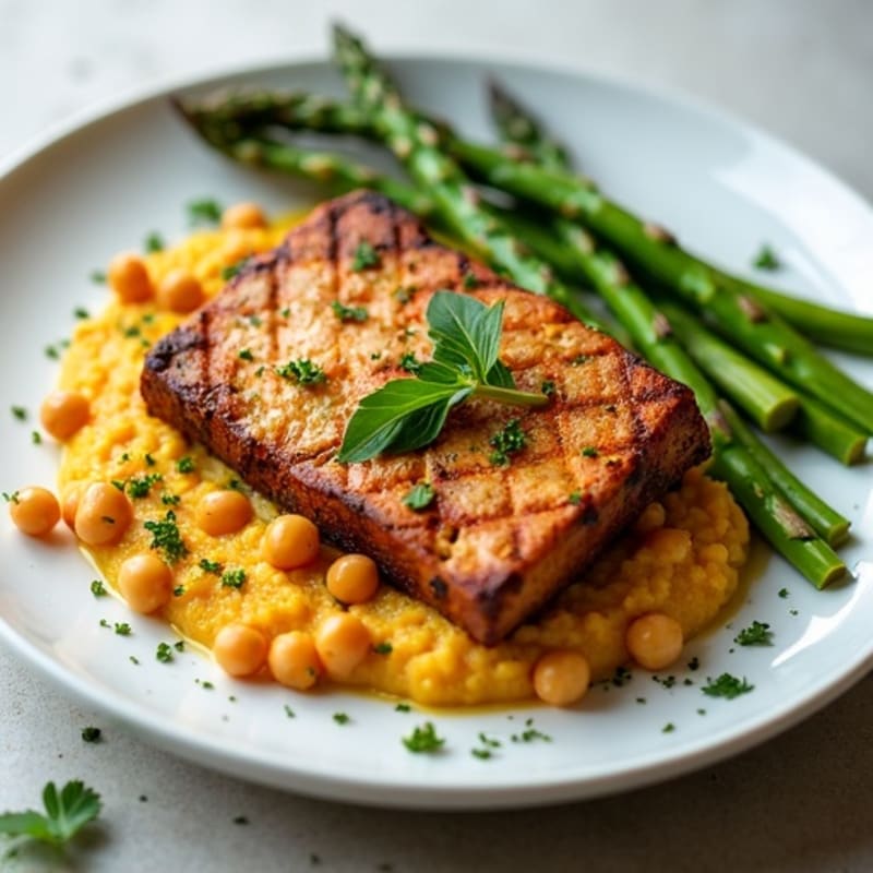 Grilled Tempeh with Creamy Chickpea Mash and Steamed Asparagus