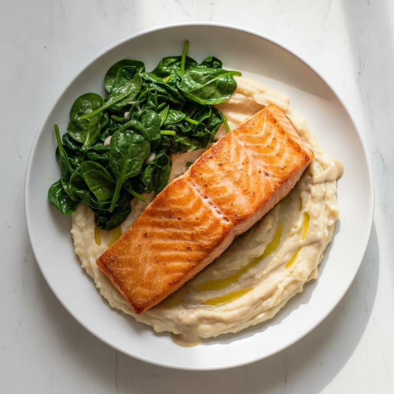 Seared Salmon Fillet with Creamy White Bean Mash and Sautéed Spinach
