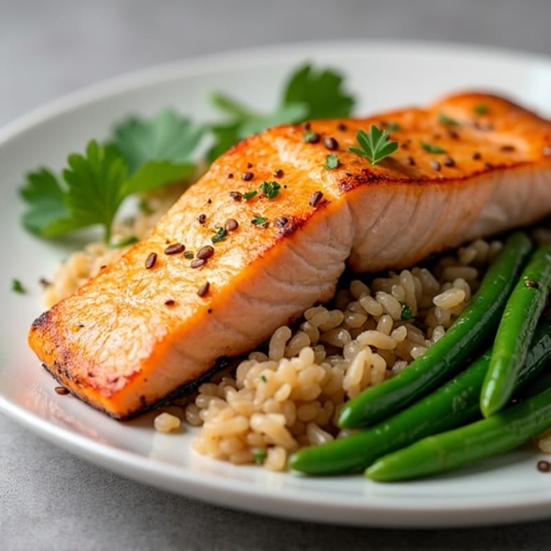 Seared Salmon with Garlic Green Beans and Brown Rice
