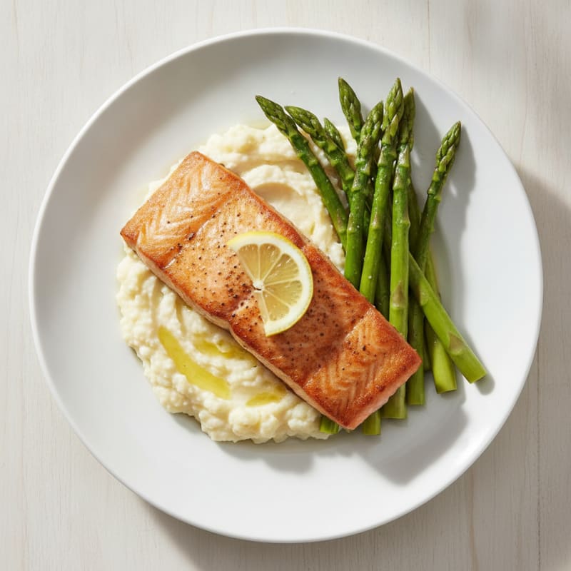 Seared Salmon Fillet with Steamed Asparagus and Garlic Mashed Cauliflower