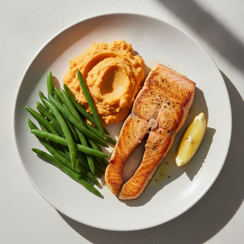 Seared Salmon Fillet with Steamed Green Beans and Sweet Potato Mash