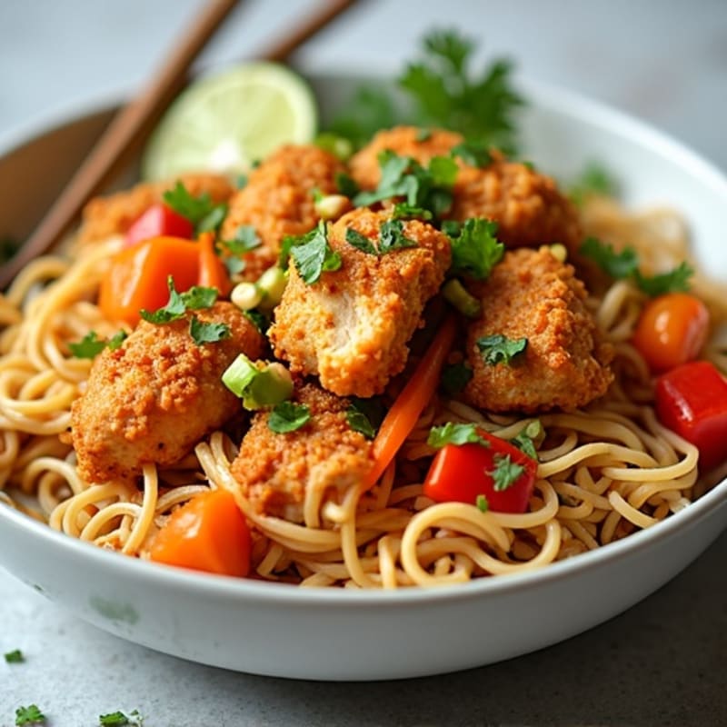 Crispy Spicy Ground Chicken with Creamy Peanut Noodles