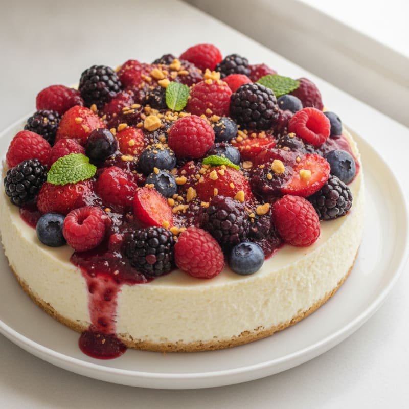 Greek Yogurt Protein Cheesecake with Mixed Berries
