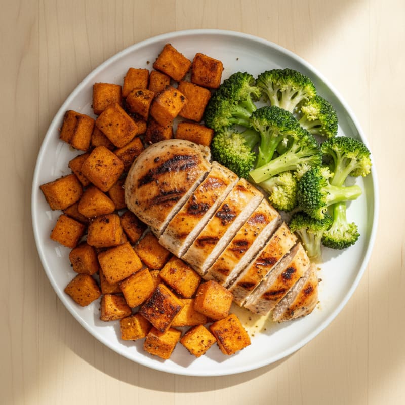 Grilled Chicken Breast with Roasted Sweet Potatoes and Steamed Broccoli