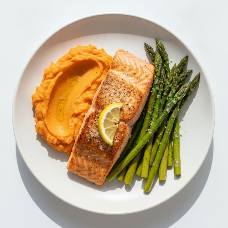 Seared Salmon Fillet with Roasted Asparagus and Sweet Potato Mash