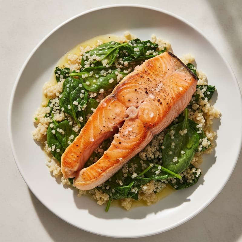 Seared Salmon Fillet with Garlic Sautéed Spinach and Quinoa