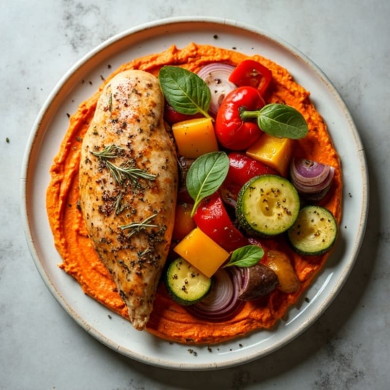 Herb-Roasted Chicken with Roasted Vegetables and Creamy Roasted Red Pepper Hummus