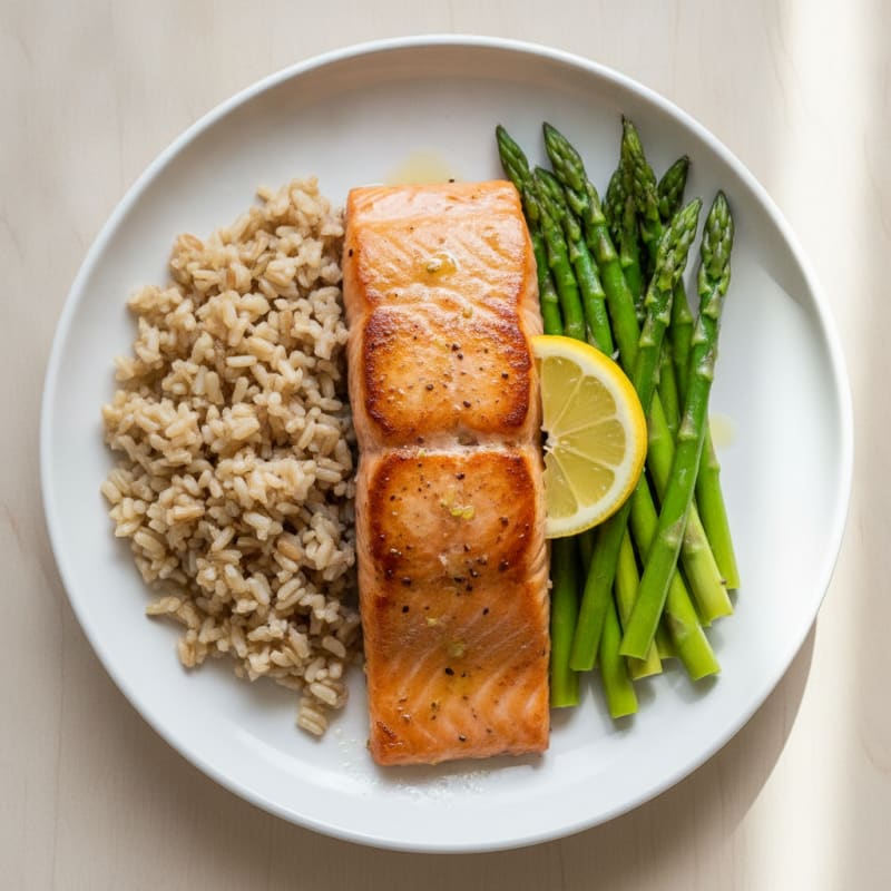 Seared Salmon Fillet with Steamed Asparagus and Brown Rice