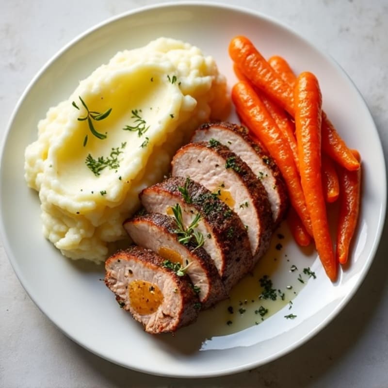 Herb-Seared Pork Tenderloin with Creamy Garlic Mashed Potatoes and Sweet Roasted Carrots