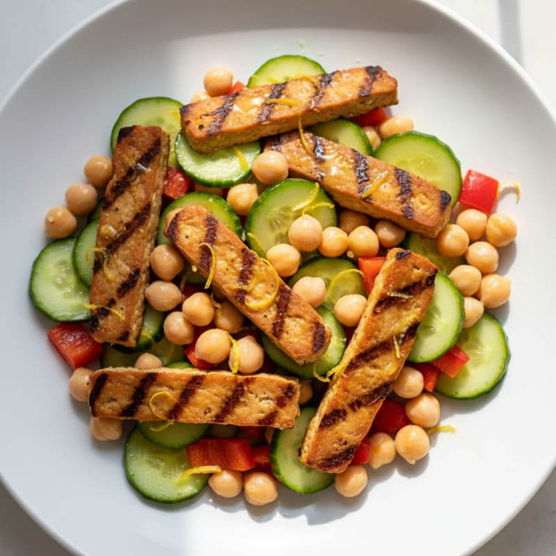 Grilled Tempeh and Chickpea Salad with Crunchy Vegetables