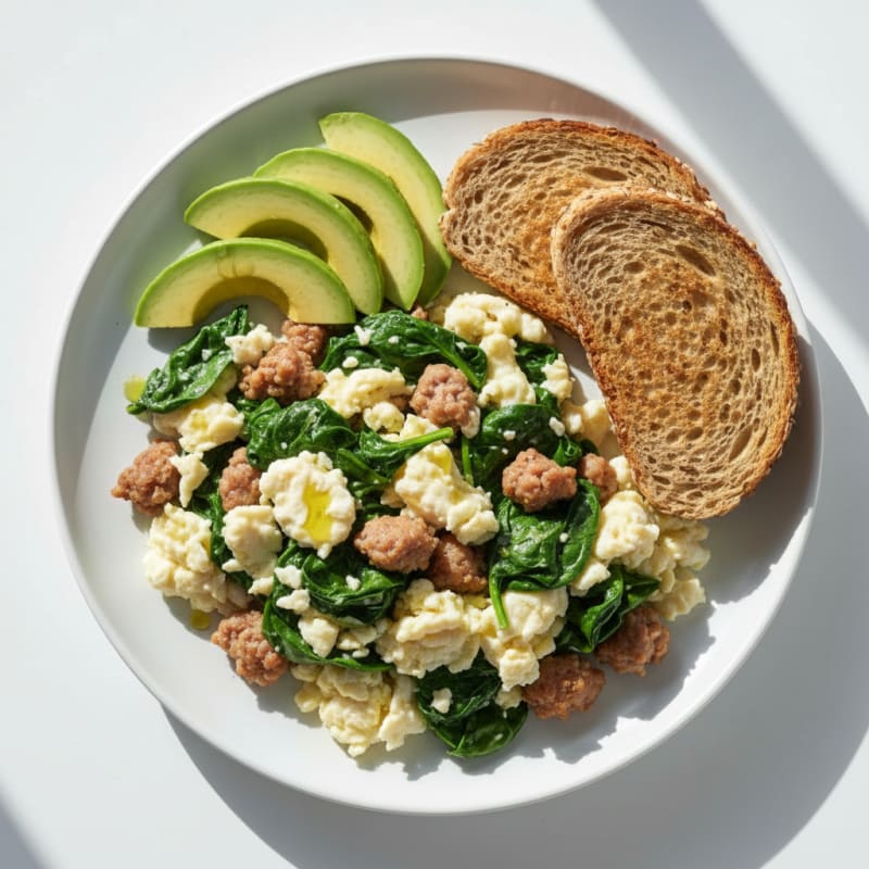 Scrambled Egg Whites with Turkey Sausage and Sautéed Spinach