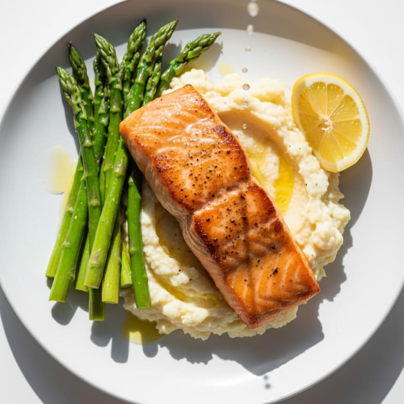 Seared Salmon Fillet with Steamed Asparagus and Garlic Cauliflower Mash