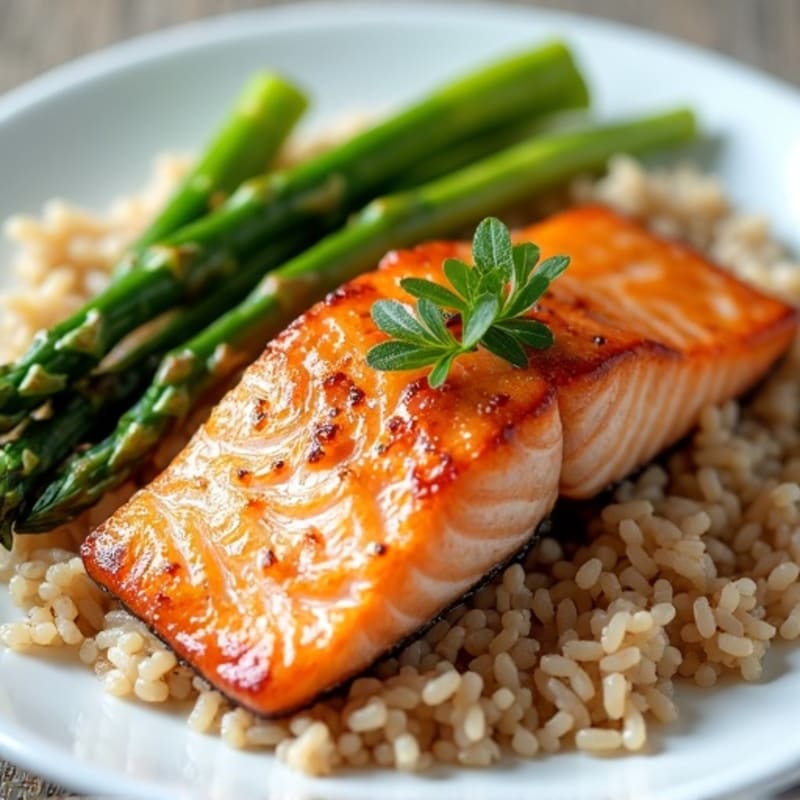Seared Salmon Fillet with Steamed Asparagus and Brown Rice