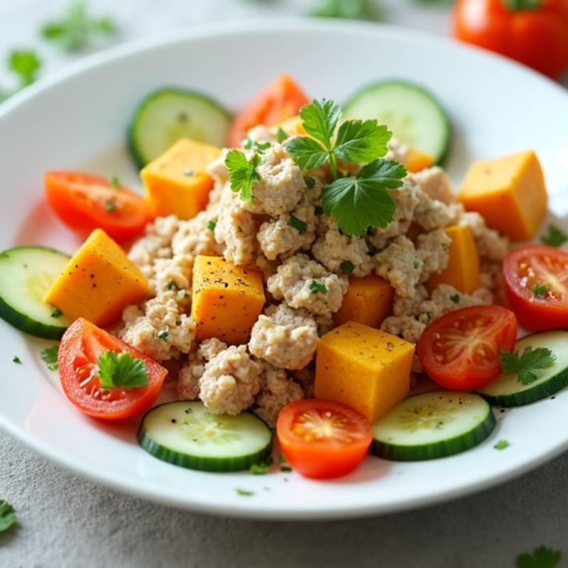 Tuna Cucumber Salad with Roasted Sweet Potato Cubes