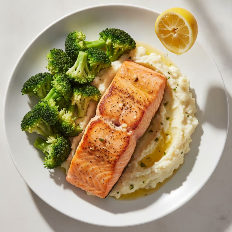Seared Salmon Fillet with Steamed Broccoli and Garlic Mashed Cauliflower