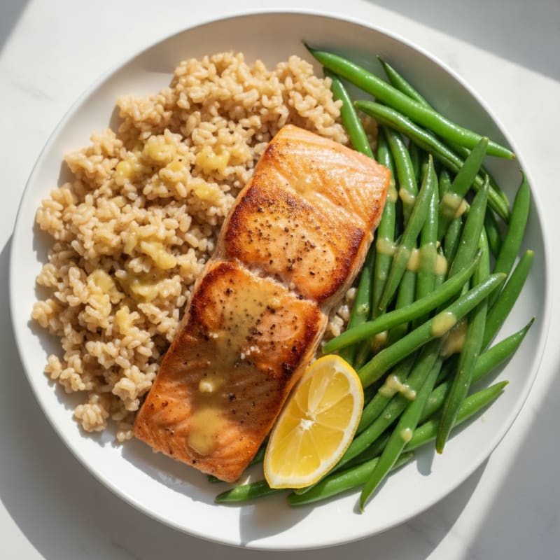 Seared Salmon with Steamed Green Beans and Brown Rice