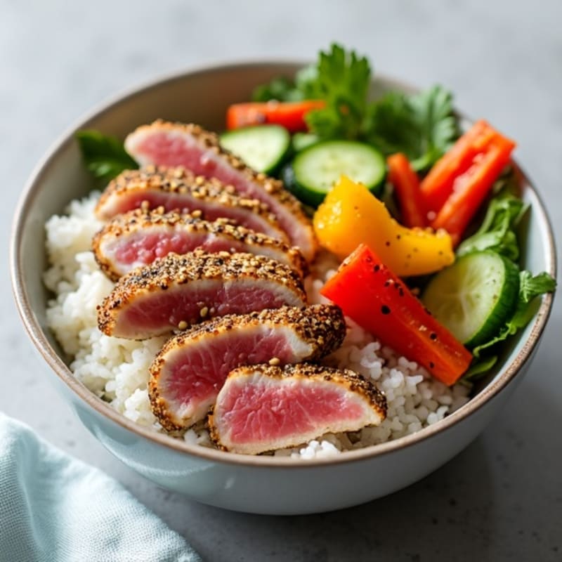 Sesame-Crusted Tuna Rice Bowl with Fresh Vegetables