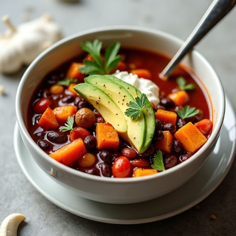 Rich Black Bean and Sweet Potato Chili with Creamy Avocado