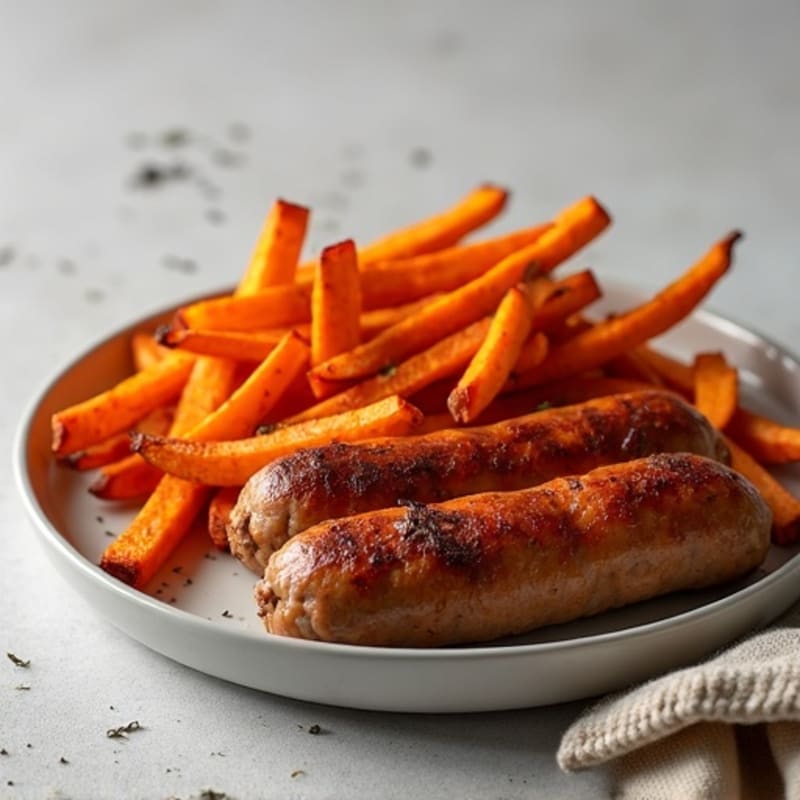Lean Turkey Sausage with Crispy Roasted Sweet Potato Fries