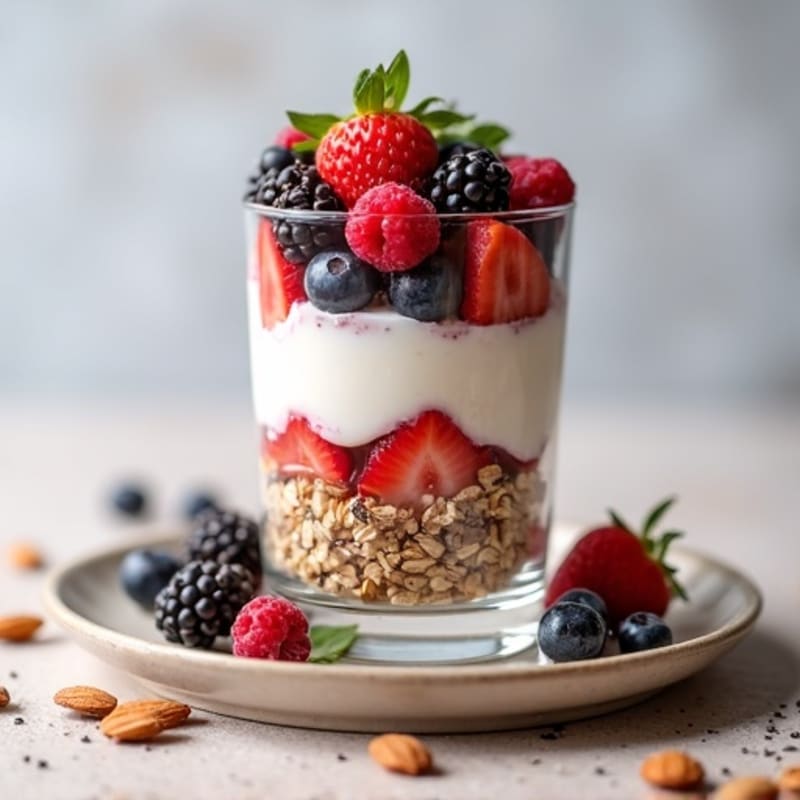 Greek Yogurt Parfait with Crunchy Almond Granola and Mixed Berries