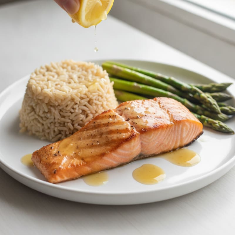 Seared Salmon with Steamed Asparagus and Brown Rice