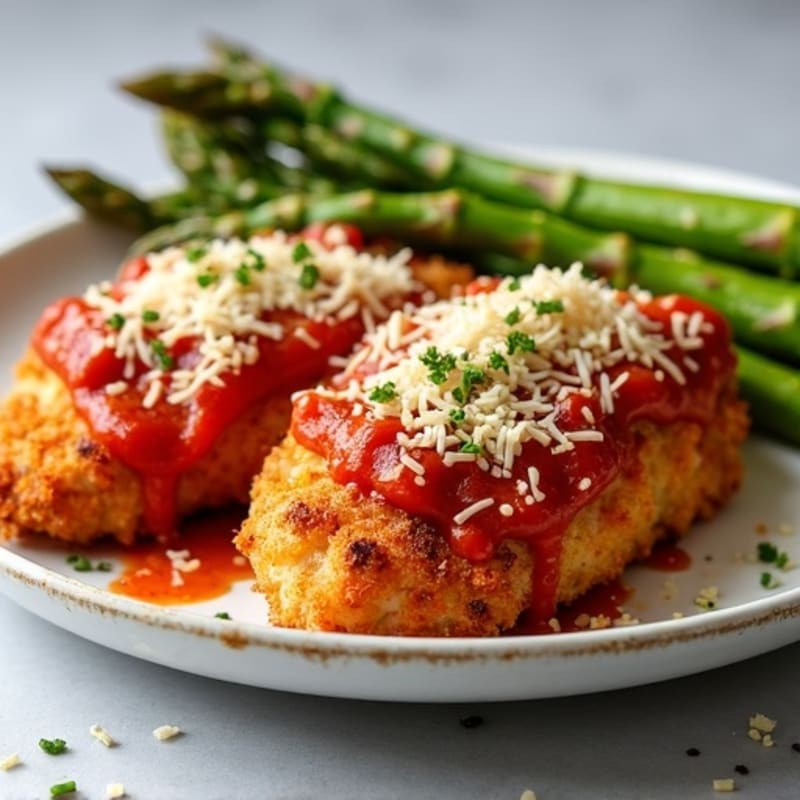 Healthy Crispy Chicken Parmesan with Roasted Asparagus